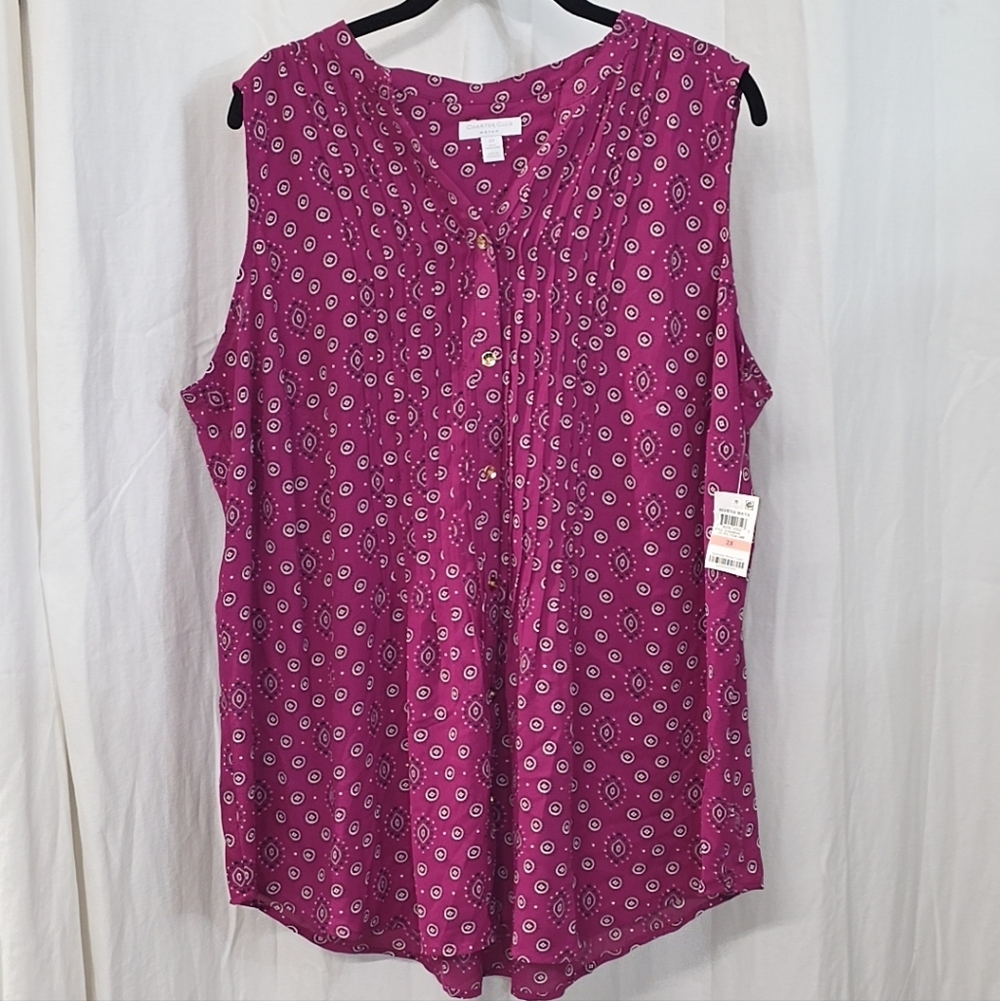 Charter Club 2X Sleeveless Georgette Pintuck Magenta Pink Polka Dot Aztec Top